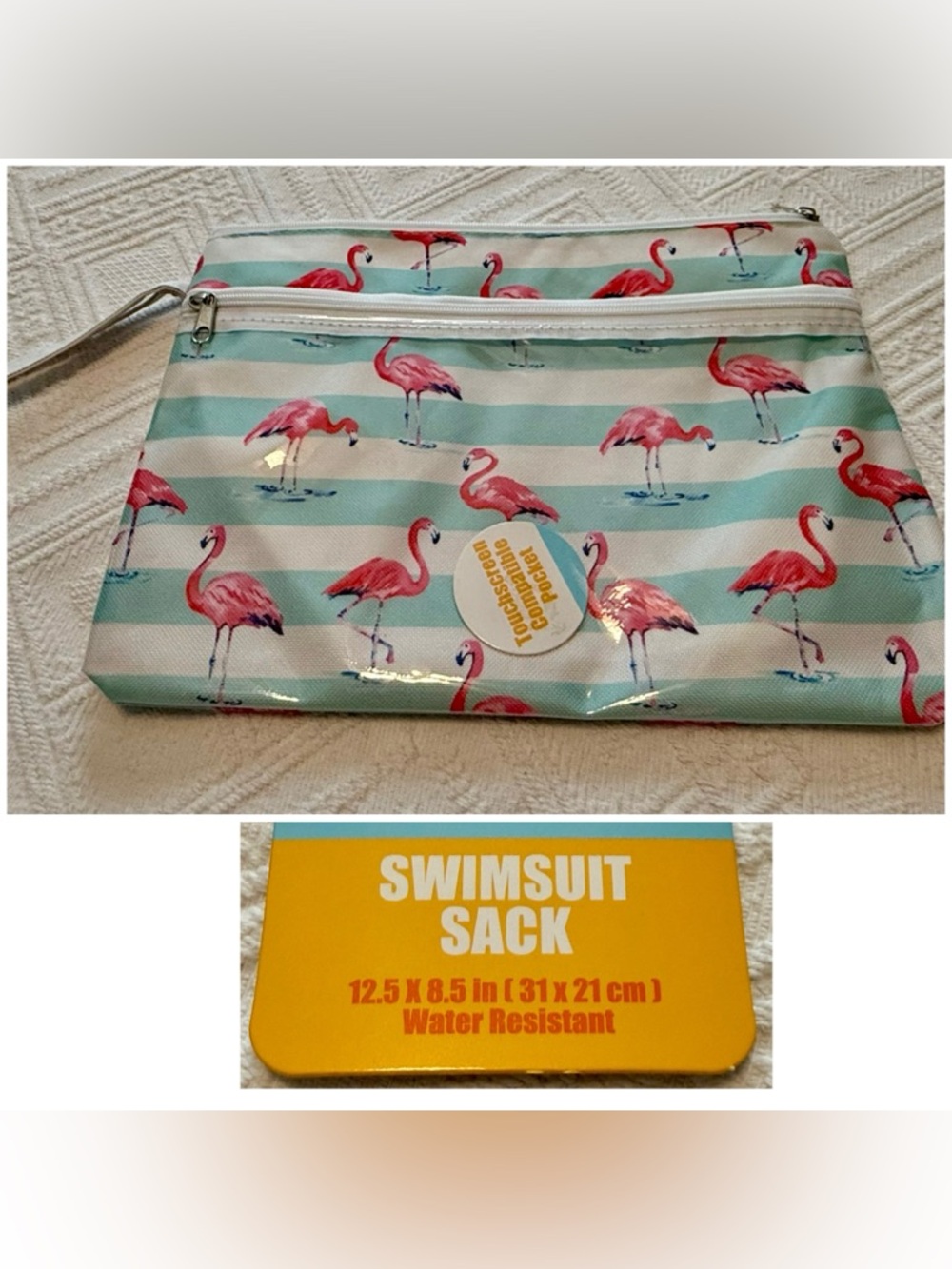 Swimsuit sack water resistant pouch New - Outside zip pocket. 12.5x8.5 Flamingo